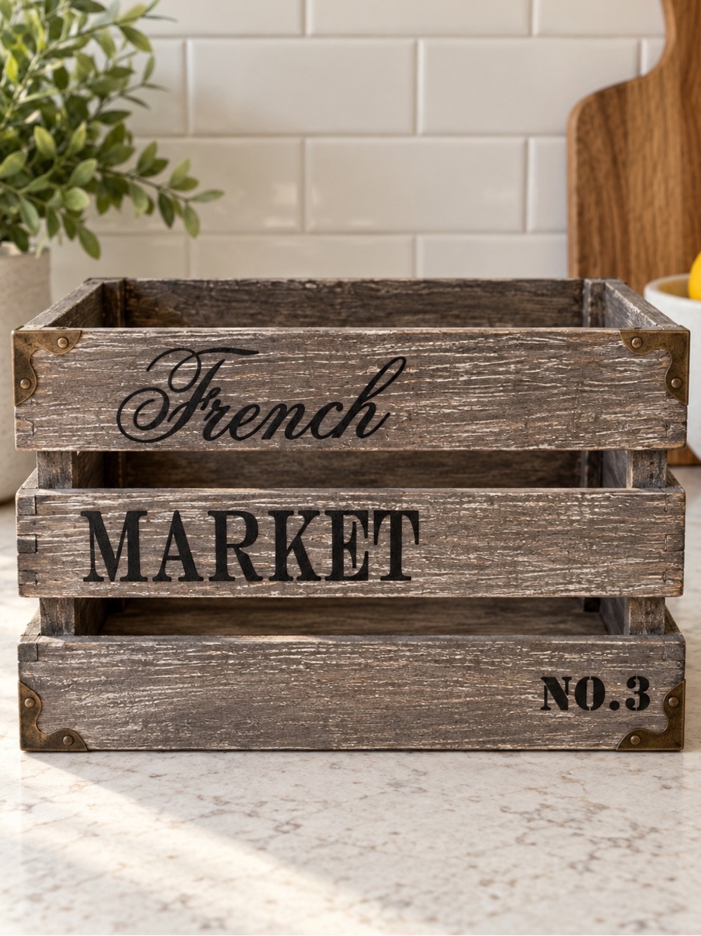 Wooden French Market Storage Crate - Rustic Kitchen Organizer